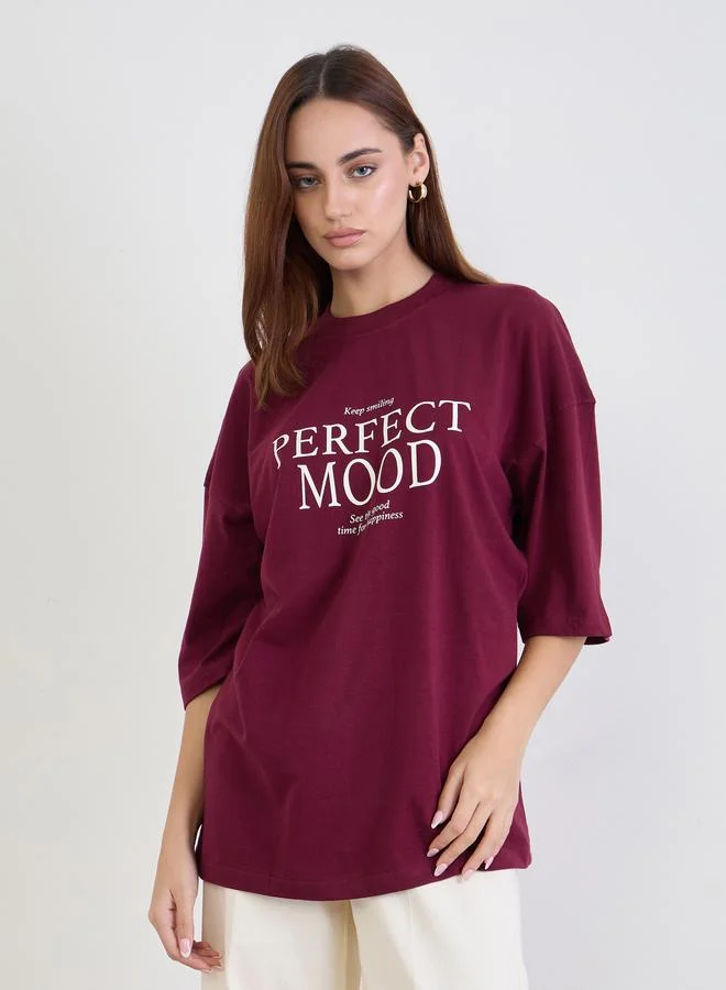 Burgundy Slogan Print Oversized T-Shirt