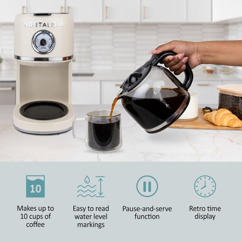 Nostalgia Classic Retro 10 Cup Coffee Maker - One-Touch Drip Brew, Reusable Filter - Anti-Drip, Auto Shutoff, & Time Display - Dishwasher Safe 50 oz Carafe - Cream - Image 4