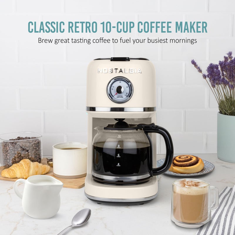 Nostalgia Classic Retro 10 Cup Coffee Maker - One-Touch Drip Brew, Reusable Filter - Anti-Drip, Auto Shutoff, & Time Display - Dishwasher Safe 50 oz Carafe - Cream - Image 3