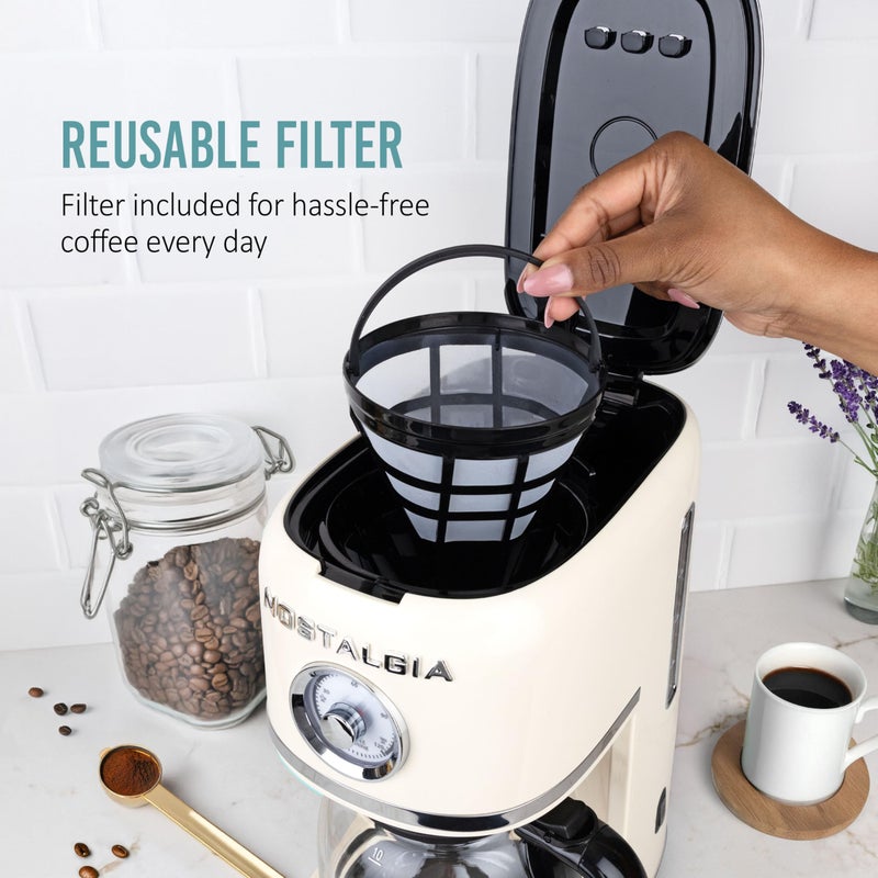 Nostalgia Classic Retro 10 Cup Coffee Maker - One-Touch Drip Brew, Reusable Filter - Anti-Drip, Auto Shutoff, & Time Display - Dishwasher Safe 50 oz Carafe - Cream - Image 5