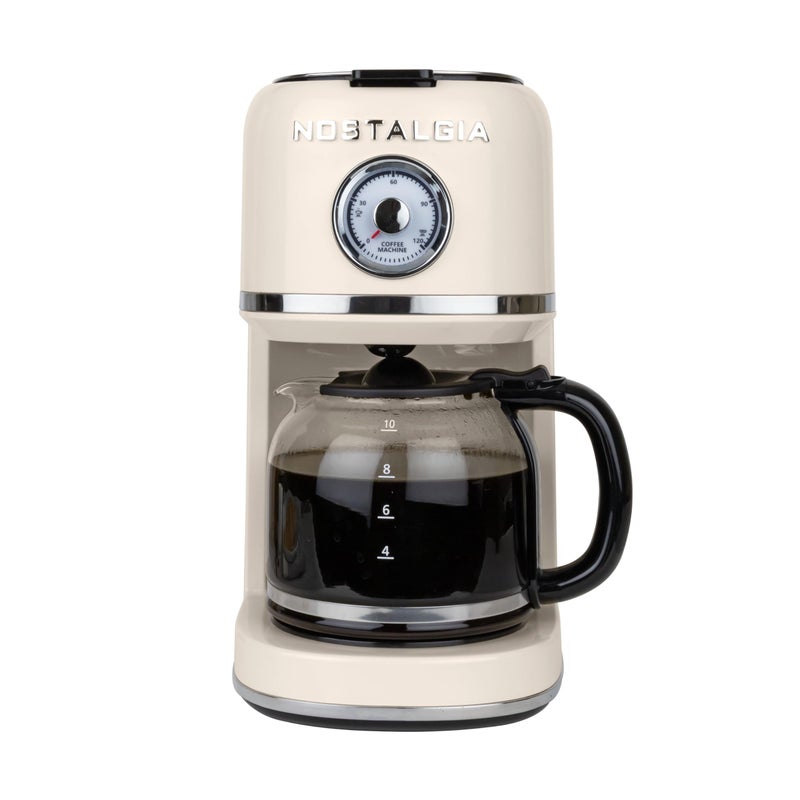 Nostalgia Classic Retro 10 Cup Coffee Maker - One-Touch Drip Brew, Reusable Filter - Anti-Drip, Auto Shutoff, & Time Display - Dishwasher Safe 50 oz Carafe - Cream - Image 1