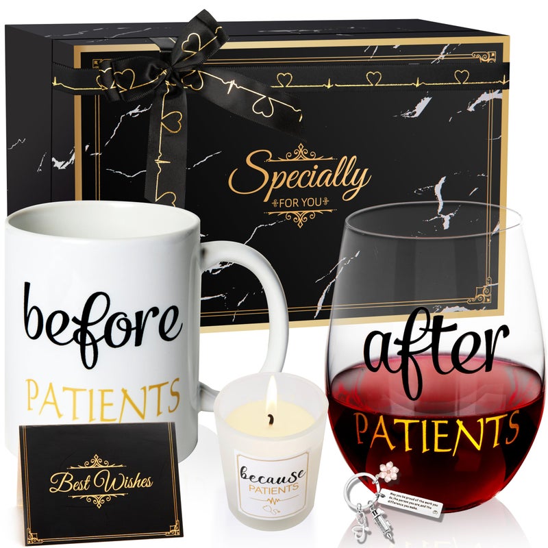Before Patients After Patients Because Patients Gift Set 11 Oz Coffee Mug 18 Oz Wine Glass and Candle for Doctor Medical Assistant Nurse Practitioner Physical Therapists Graduation Gifts for Women