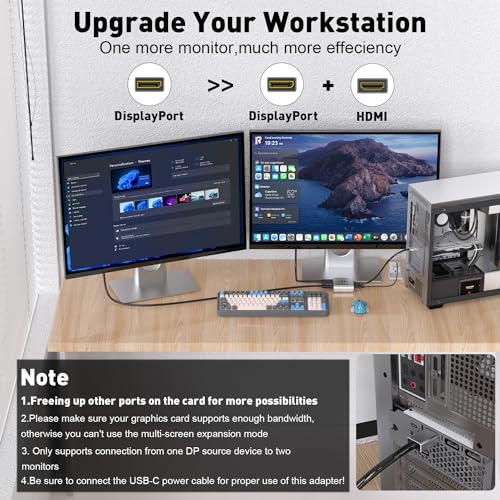 UANTIN DisplayPort to HDMI and DisplayPort Adapter, 4K 60Hz DP Splitter Extended Display Adapter, Display Port Splitter 1 in 2 Out MST Hub for PC NVIDIA, AMD - Image 3