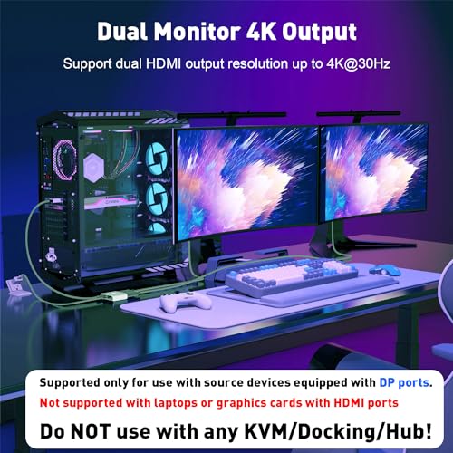 UANTIN DisplayPort to HDMI and DisplayPort Adapter, 4K 60Hz DP Splitter Extended Display Adapter, Display Port Splitter 1 in 2 Out MST Hub for PC NVIDIA, AMD - Image 2