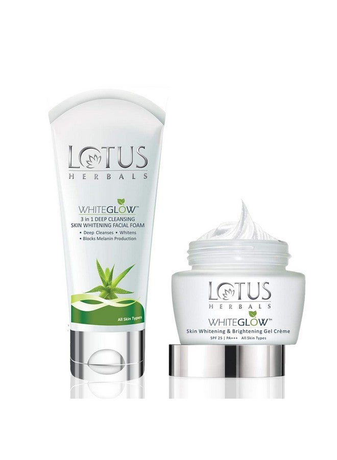 Lotus Herbals Whiteglow Skin Whitening And Brightening Gel Cream | SPF 25 | 60g And Lotus Herbals Whiteglow 3-In-1 Deep Cleansing Skin Whitening Facial Foam, 100g - Image 1