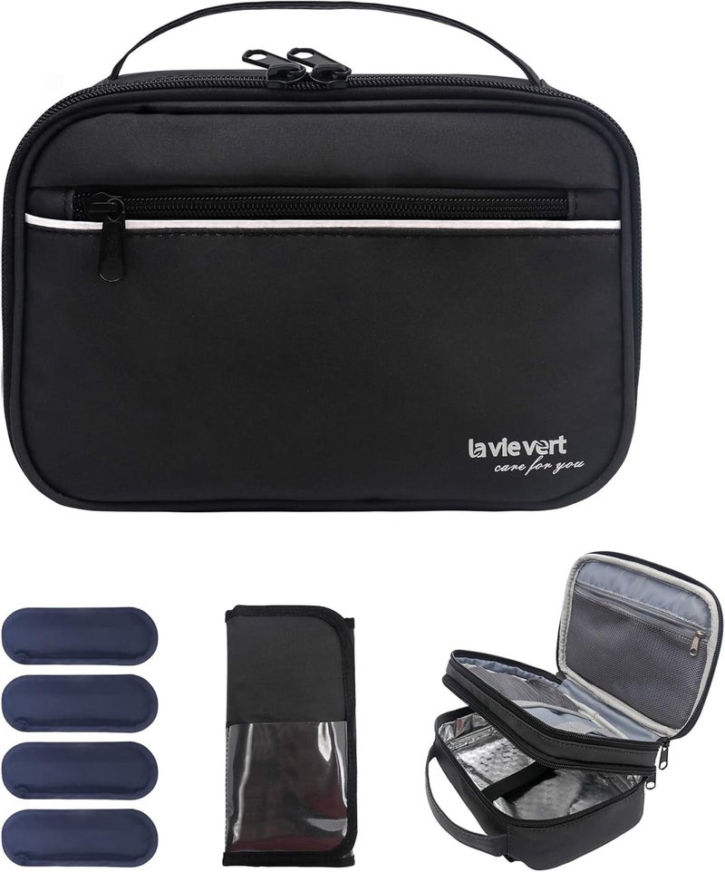 LAVIEVERT Diabetes Travel Carry Bag Insulin Cooler Case Diabetic Medication Cooler Diabetic Care Organizer with a Shoulder Strap and 4 Ice Packs - Black