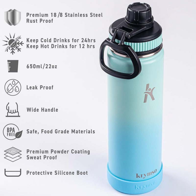 KRYMSO Stainless Steel Water Bottle 650ml – Insulated Sports Flask for Hot & Cold Drinks – Leakproof, Durable, BPA-Free – Ideal for Gym, Travel, Hiking (Aqua Sky) - Image 5