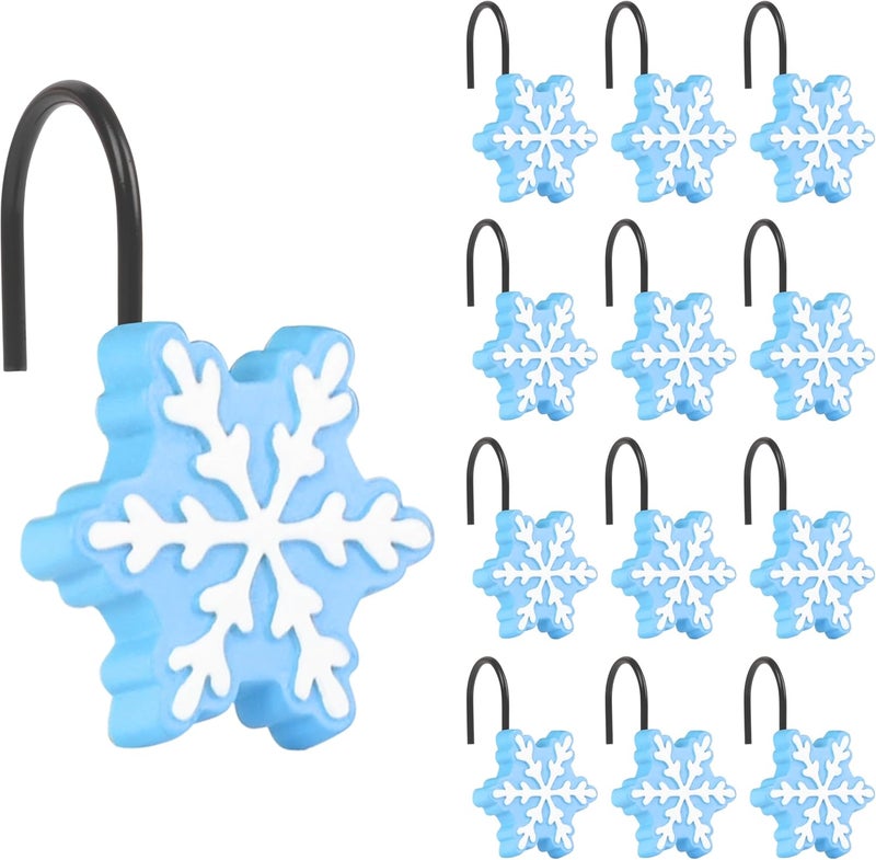 Sunlit Christmas Shower Curtain Hooks, Snowflakes Shower Curtain Rings with Black Hooks, Resin, Light Blue and White Christmas Decor, Winter Bathroom Decoration, Set of 12 - Image 1
