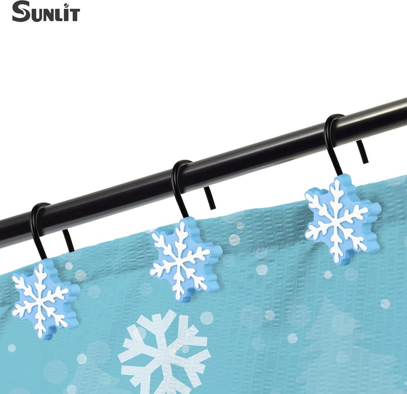 Sunlit Christmas Shower Curtain Hooks, Snowflakes Shower Curtain Rings with Black Hooks, Resin, Light Blue and White Christmas Decor, Winter Bathroom Decoration, Set of 12 - Image 4