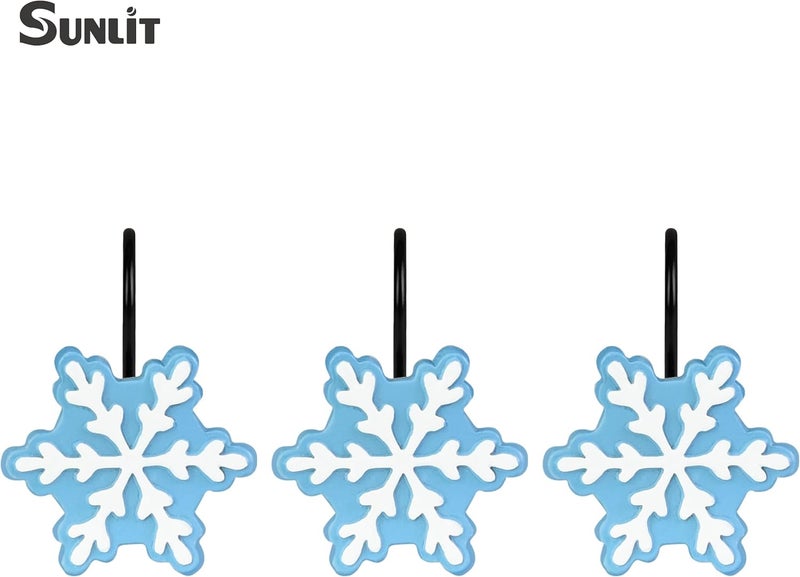 Sunlit Christmas Shower Curtain Hooks, Snowflakes Shower Curtain Rings with Black Hooks, Resin, Light Blue and White Christmas Decor, Winter Bathroom Decoration, Set of 12 - Image 2