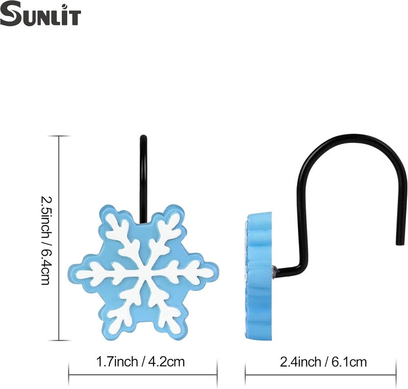 Sunlit Christmas Shower Curtain Hooks, Snowflakes Shower Curtain Rings with Black Hooks, Resin, Light Blue and White Christmas Decor, Winter Bathroom Decoration, Set of 12 - Image 3