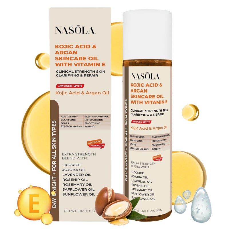Nasola زيت العناية بالبشرة كوجيك أسيد والأركان النقي مع فيتامين E مرطب للوجه والجسم لندبات وعلامات التمدد