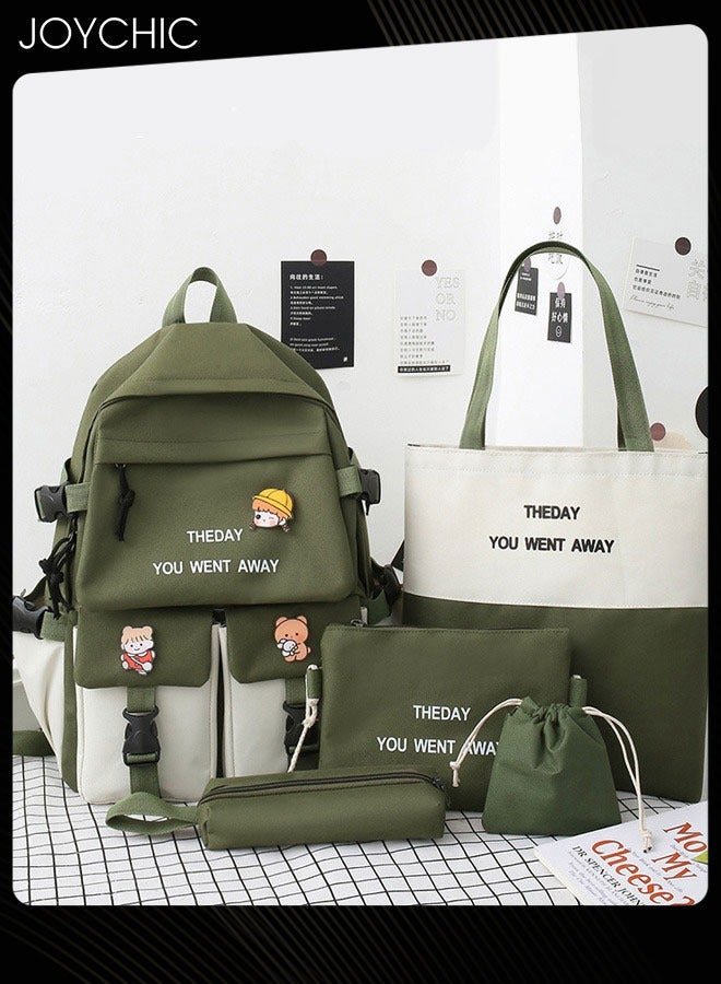 Joychic طقم حقيبة مدرسية كبيرة السعة مكون من 5 قطع بأسلوب جديد حقيبة كتب قماش مقاومة للماء مع حقيبة أقلام للطلاب في المرحلة المتوسطة والثانوية والجامعة باللون الأخضر - Image 1