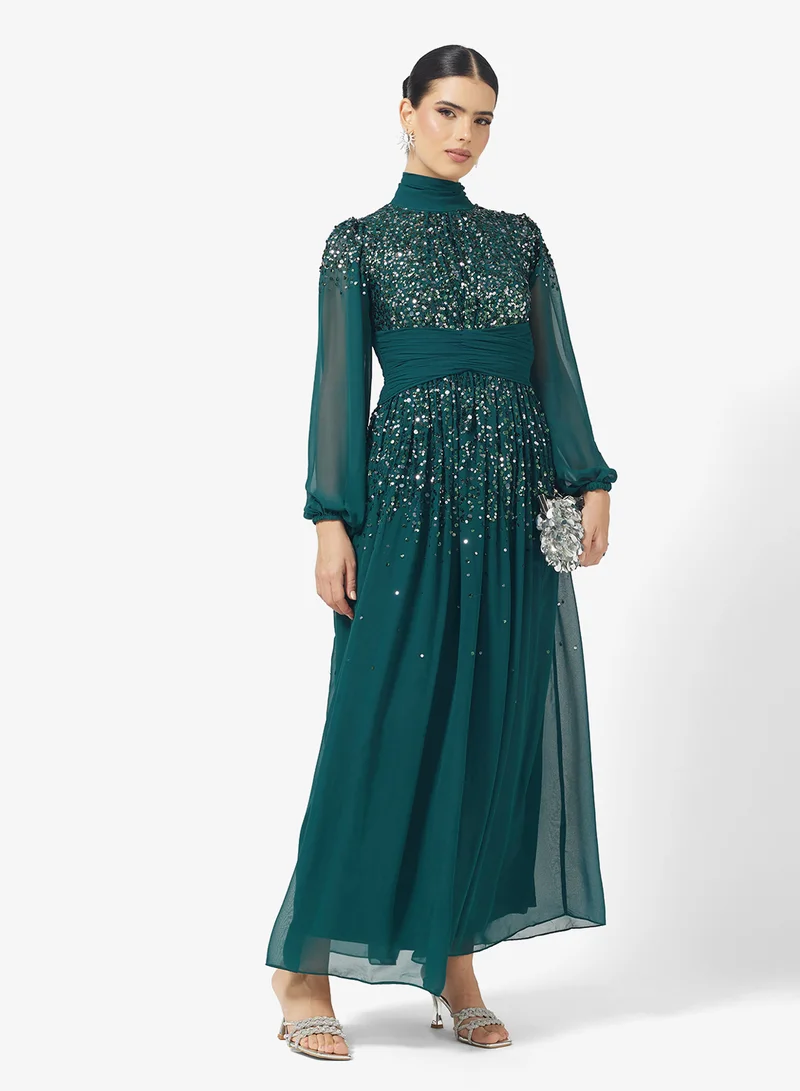 اميليا روز Puff Sleeve Embellished Tiered Dress