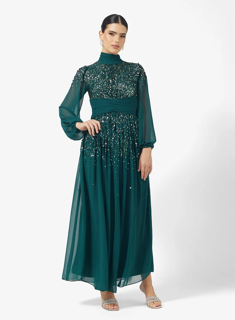 Amelia Rose Puff Sleeve Embellished Tiered Dress