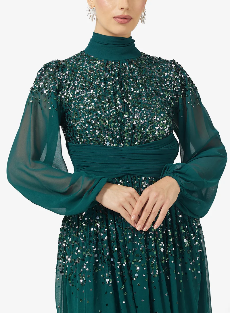 اميليا روز Puff Sleeve Embellished Tiered Dress