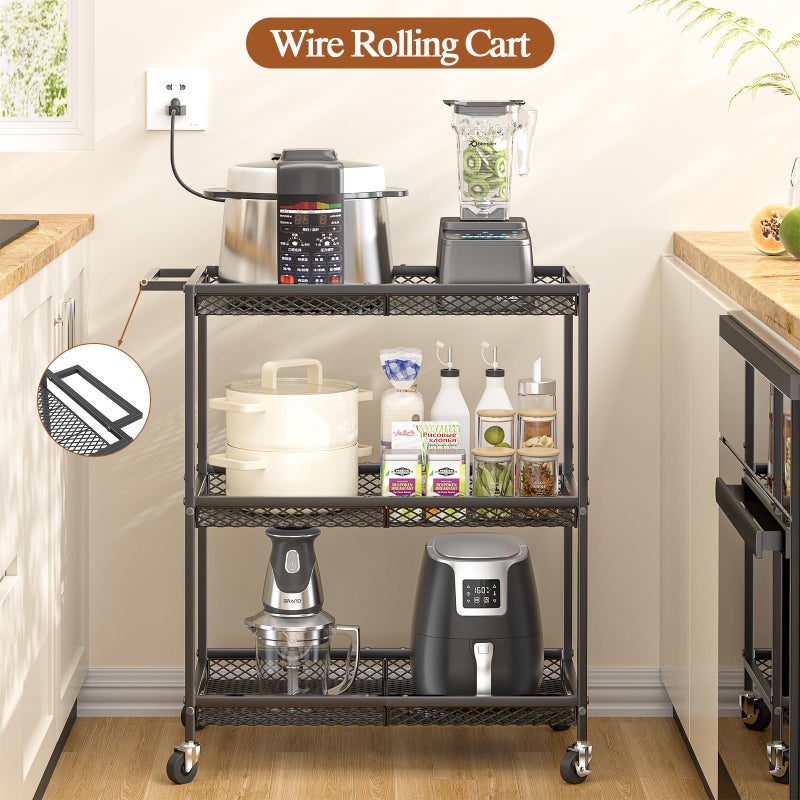 ThreeHio 3 Tier Rolling Utility Kitchen Cart, Heavy Duty Wire Rolling Cart on Wheels, Commercial Metal Serving Carts with Handle, Kitchen Island Plant Shelf Food Storage Trolley for Laundry, Office, Garage - Image 5