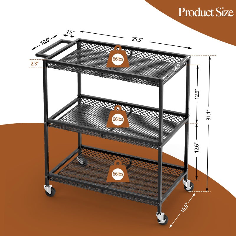 ThreeHio 3 Tier Rolling Utility Kitchen Cart, Heavy Duty Wire Rolling Cart on Wheels, Commercial Metal Serving Carts with Handle, Kitchen Island Plant Shelf Food Storage Trolley for Laundry, Office, Garage - Image 3