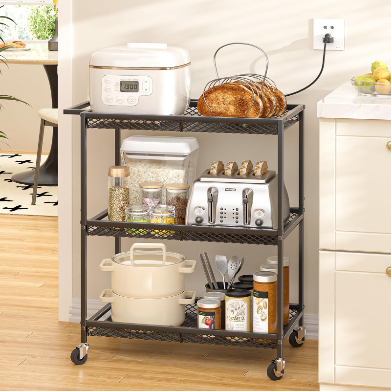 ThreeHio 3 Tier Rolling Utility Kitchen Cart, Heavy Duty Wire Rolling Cart on Wheels, Commercial Metal Serving Carts with Handle, Kitchen Island Plant Shelf Food Storage Trolley for Laundry, Office, Garage - Image 2