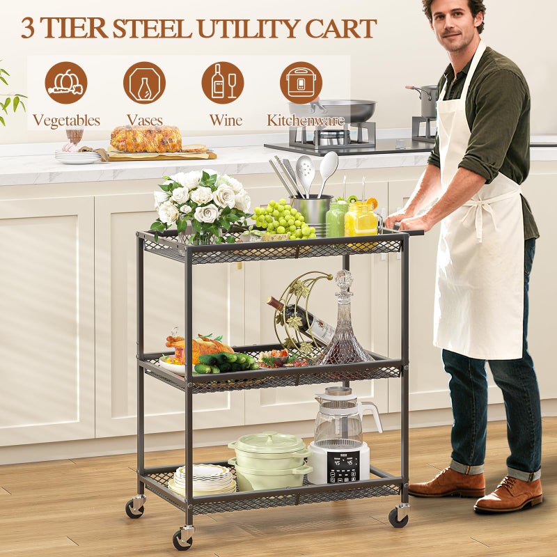 ThreeHio 3 Tier Rolling Utility Kitchen Cart, Heavy Duty Wire Rolling Cart on Wheels, Commercial Metal Serving Carts with Handle, Kitchen Island Plant Shelf Food Storage Trolley for Laundry, Office, Garage - Image 4