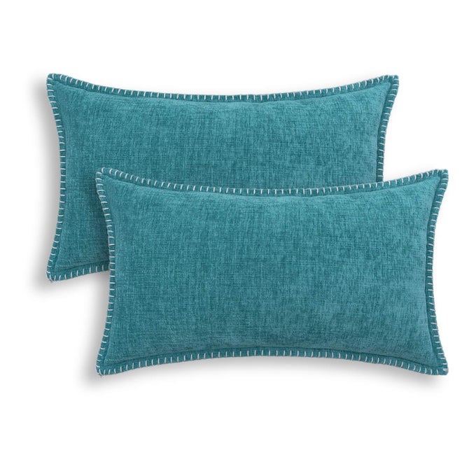 THROW PILLOW COVERS DECORATIVE 12 X 20 INCHES PACK OF 2 COTTON THREAD STITCHING EDGES SOLID DYED SOFT CHENILLE CUSHION CASES FOR COUCH SOFA BED LIVING ROOM FARMHOUSE TEAL