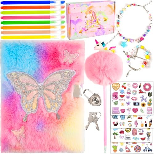 EABUY Diary for Girls with Lock and Keys Journal School Travel Notebook Gift Set for Writing and DrawingMulticolored Pen Stickers Birthday Gift for Girls PinkButterfly - Image 1