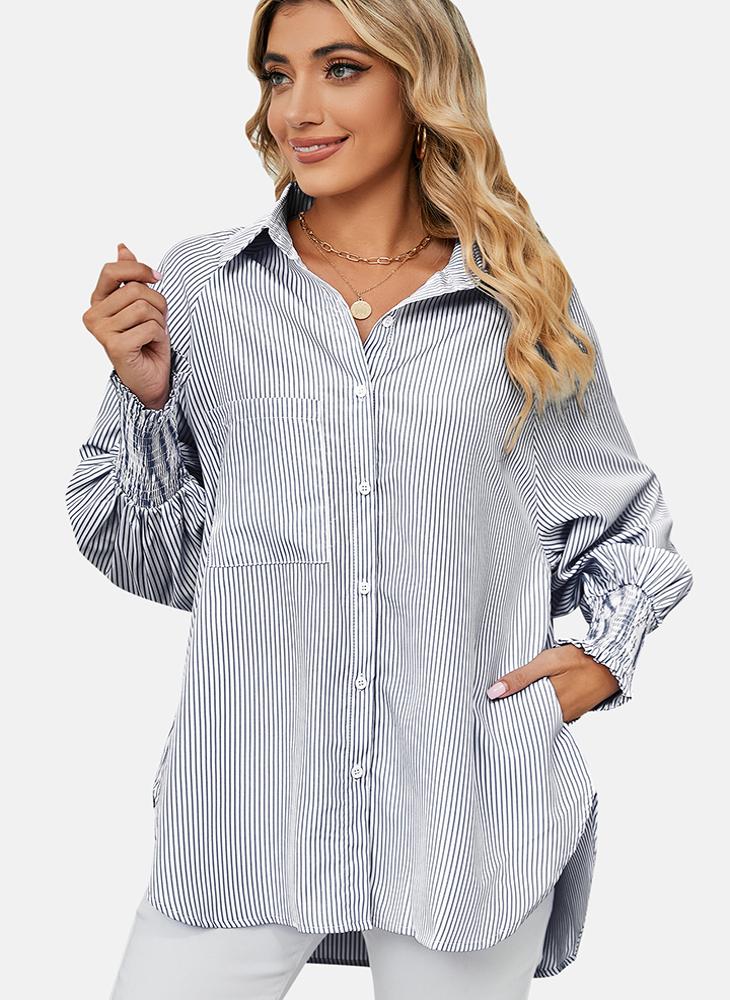 يونيكي قميص رمادي مخطط بقصة عادية - Image 3