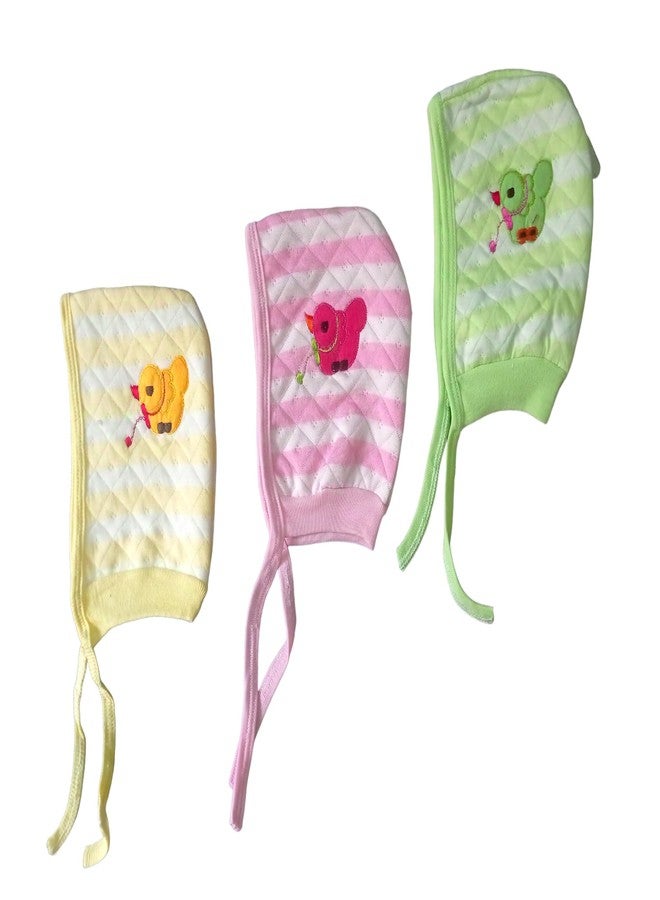 JUSTLIST Woolen Baby Boys & Girls Soft Cotton Caps - Double Layer Ear Flap Baby Hats Combo in Warm Cult Fabric (Yellow, Pink, Green) for Newborns & Infants (0-3 Months). - Image 1