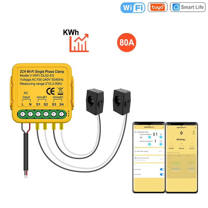 Tuya WiFi Smart Home Energy Monitor 2.4GHZ Smart Energy Meter Single Phase Consumption Monitor 80A Solar Current Transformer Clamp Power Consumption Monitor Electricity Statistics 100-240V AC 50/60Hz - Image 1