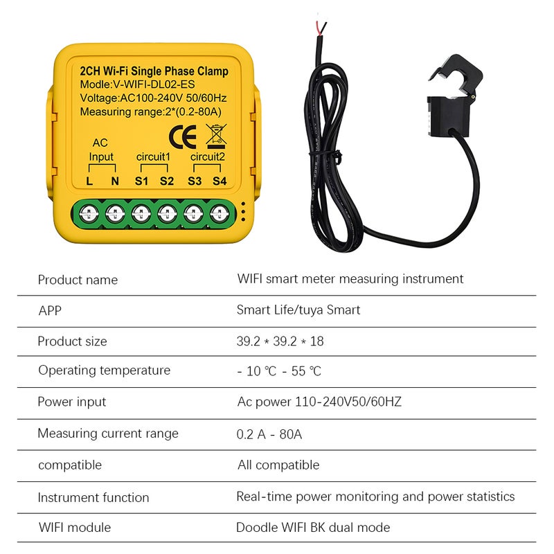 Tuya WiFi Smart Home Energy Monitor 2.4GHZ Smart Energy Meter Single Phase Consumption Monitor 80A Solar Current Transformer Clamp Power Consumption Monitor Electricity Statistics 100-240V AC 50/60Hz - Image 3