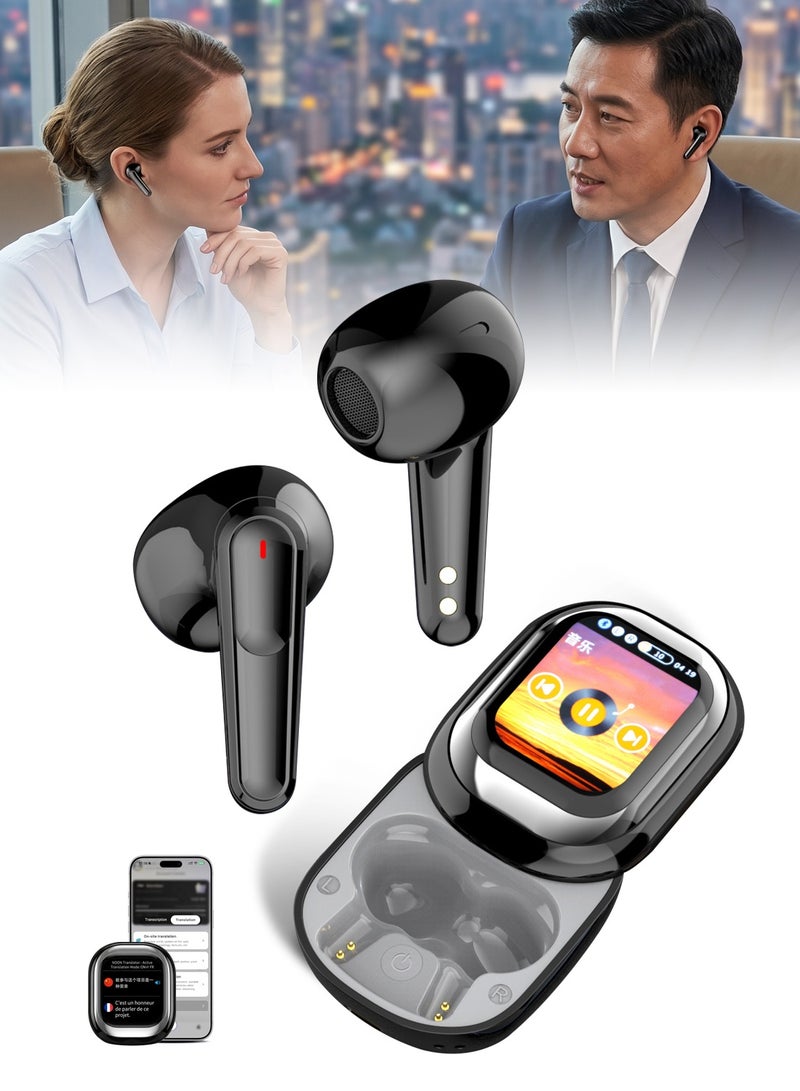 LUCKIER Real-time translation earbuds with flip-open full-colour smart touchscreen. Supports 144 major languages. Translation functionality is permanently free. Features multiple translation modes. Compatible with iPhone and Android devices. Specialised translation device for travel, business and study. Black. - Image 1