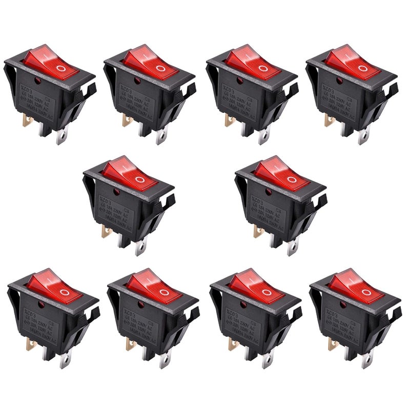 RuoFeng Red Light Boat Rocker Switch 3 Pin 2 Position Illuminated Toggle Switch for Car Boat Popcorn Machine Bench Grinder Breadboard Switch SPST AC 15A/250V 20A/125V (10Pcs) - Image 1