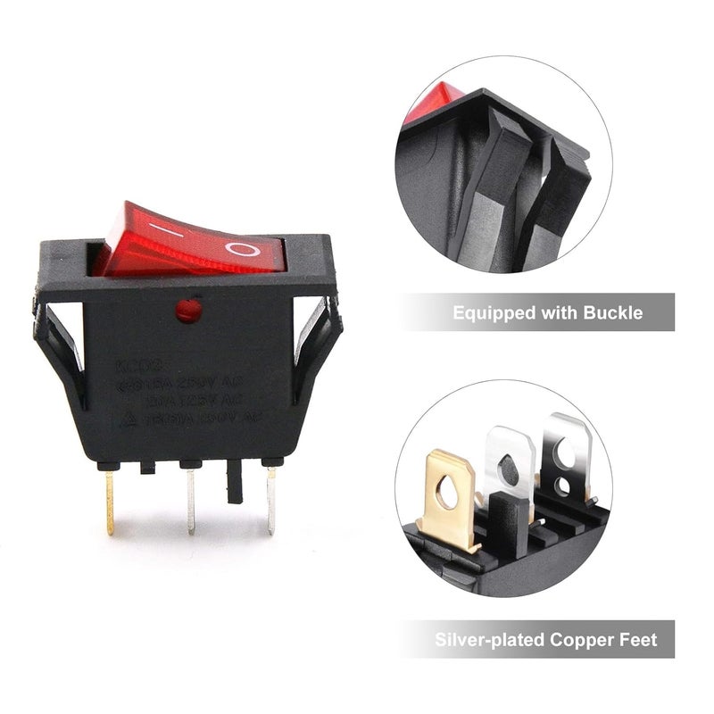 RuoFeng Red Light Boat Rocker Switch 3 Pin 2 Position Illuminated Toggle Switch for Car Boat Popcorn Machine Bench Grinder Breadboard Switch SPST AC 15A/250V 20A/125V (10Pcs) - Image 4