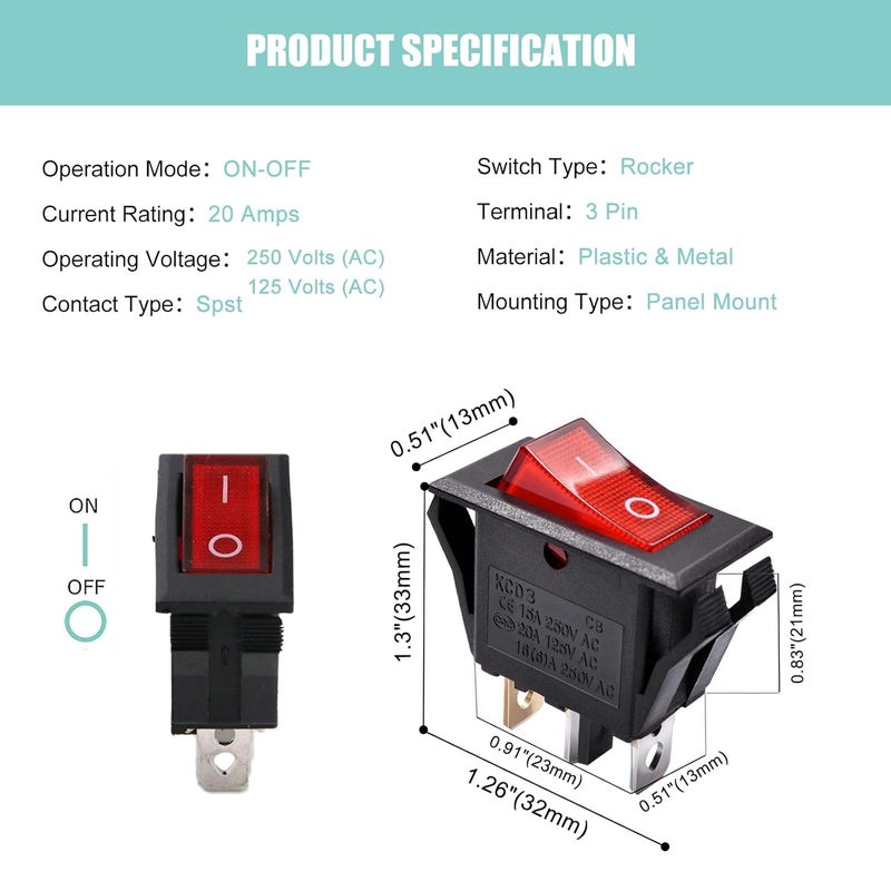 RuoFeng Red Light Boat Rocker Switch 3 Pin 2 Position Illuminated Toggle Switch for Car Boat Popcorn Machine Bench Grinder Breadboard Switch SPST AC 15A/250V 20A/125V (10Pcs) - Image 2