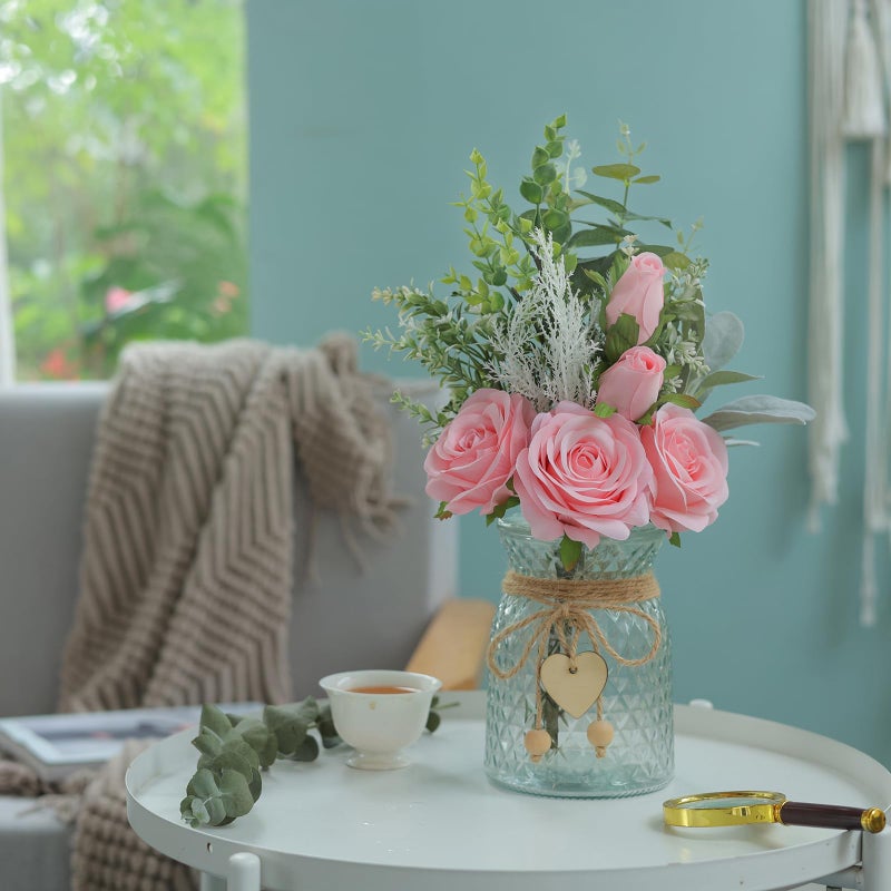 VIERENA Faux Flowers with Vase,Artificial Silk Roses in Vase, Fake Plant Eucalyptus Flower Arrangement for Home Office Farmhouse Bathroom Dining Table Centerpiece Decorations Coffee Table Decor (Pink) - Image 5