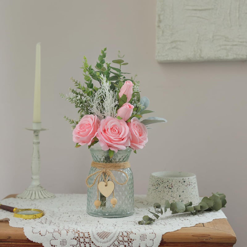 VIERENA Faux Flowers with Vase,Artificial Silk Roses in Vase, Fake Plant Eucalyptus Flower Arrangement for Home Office Farmhouse Bathroom Dining Table Centerpiece Decorations Coffee Table Decor (Pink) - Image 4