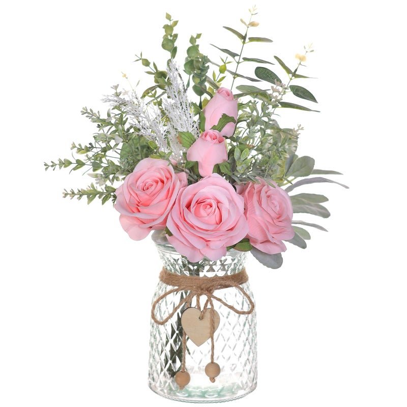 VIERENA Faux Flowers with Vase,Artificial Silk Roses in Vase, Fake Plant Eucalyptus Flower Arrangement for Home Office Farmhouse Bathroom Dining Table Centerpiece Decorations Coffee Table Decor (Pink) - Image 1