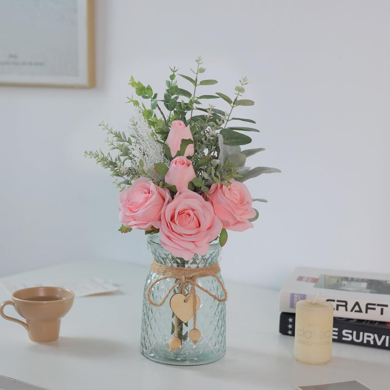 VIERENA Faux Flowers with Vase,Artificial Silk Roses in Vase, Fake Plant Eucalyptus Flower Arrangement for Home Office Farmhouse Bathroom Dining Table Centerpiece Decorations Coffee Table Decor (Pink) - Image 3