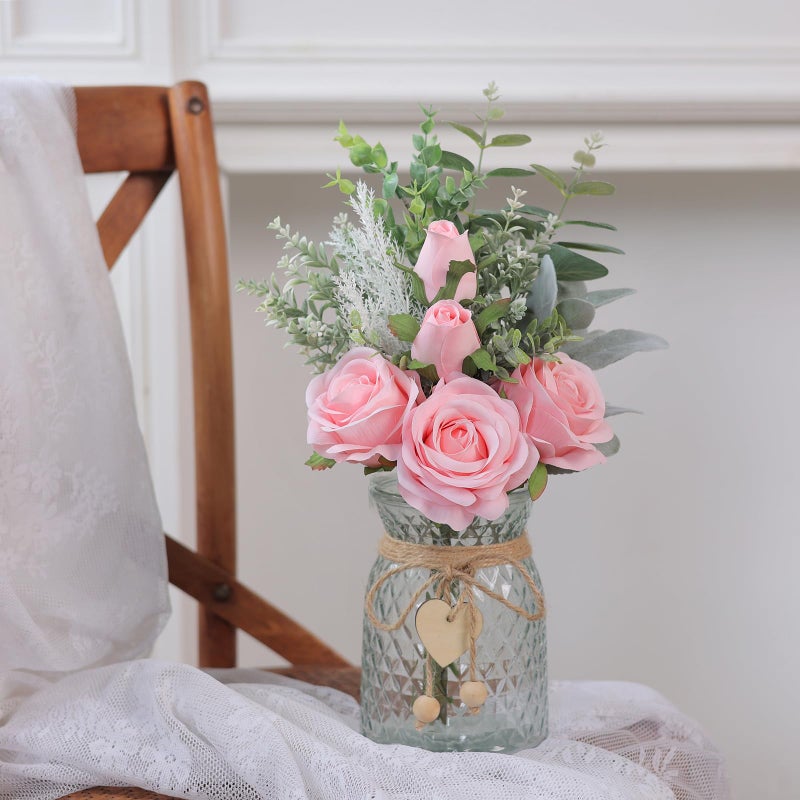 VIERENA Faux Flowers with Vase,Artificial Silk Roses in Vase, Fake Plant Eucalyptus Flower Arrangement for Home Office Farmhouse Bathroom Dining Table Centerpiece Decorations Coffee Table Decor (Pink) - Image 2
