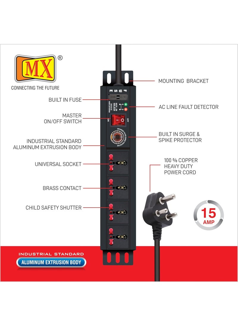 MX MX Extension Board 4 Outlet 3000W 15 AMP Socket with Heavy Duty 075 Sqmm ISI Marked Power Cord 3 Mtr with Spike Guard Surge ProtectorChild Safety Shutter Alumminium Extrusion Body  - Image 3