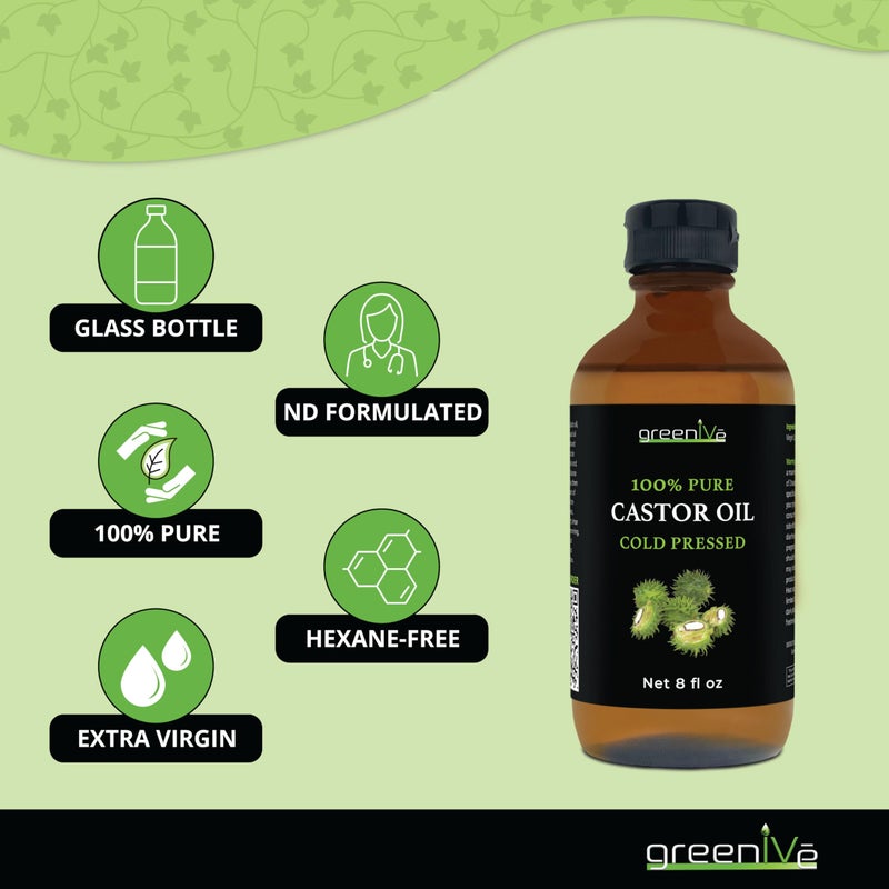 GreenIVe 100% Pure Castor Oil â€“ Cold-Pressed, Hexane-Free â€“ Hair, Eyebrows, Eyelashes, Skin Moisturizer, Castor Pack Wrap Oil GLASS Bottle (8 Fl Oz) - Image 4