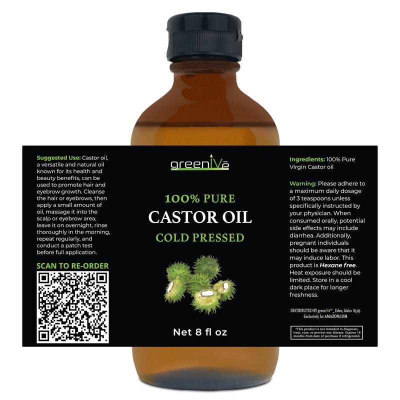 GreenIVe 100% Pure Castor Oil â€“ Cold-Pressed, Hexane-Free â€“ Hair, Eyebrows, Eyelashes, Skin Moisturizer, Castor Pack Wrap Oil GLASS Bottle (8 Fl Oz) - Image 3