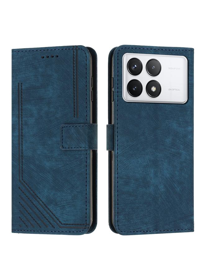 Green Tiger For Xiaomi Redmi K70E Skin Feel Stripe Pattern Leather Phone Case with Long Lanyard(Blue)