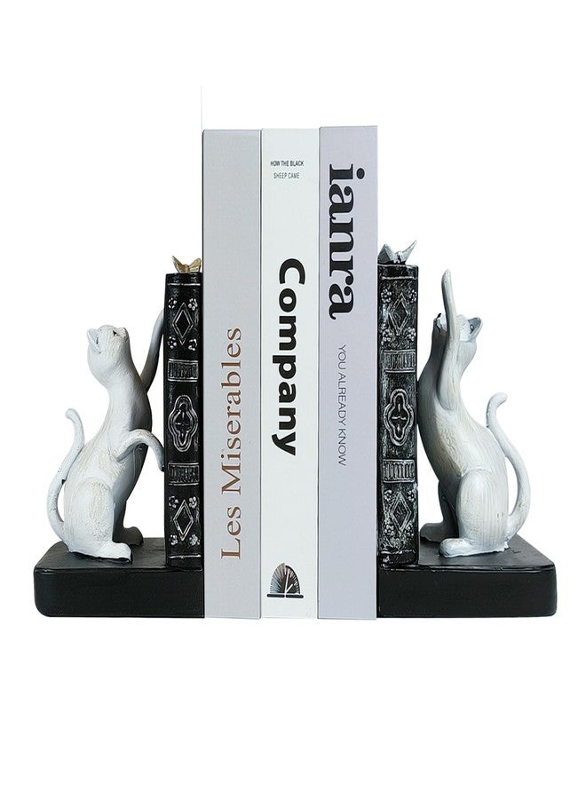LIFFY Decorative Bookends, Heavy Duty Resin Cat Bookends, Non-Skid Bookshelf Stopper, Cute Cat Figures for Shelves, Study, Office Desk (White, 1 Piece) - Image 1