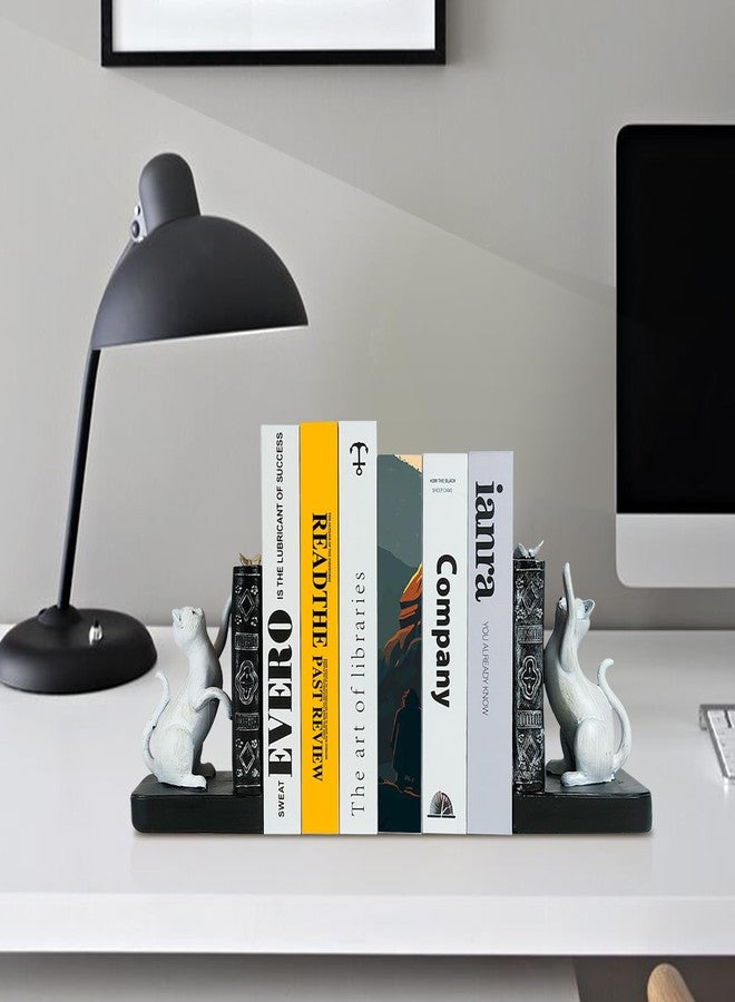LIFFY Decorative Bookends, Heavy Duty Resin Cat Bookends, Non-Skid Bookshelf Stopper, Cute Cat Figures for Shelves, Study, Office Desk (White, 1 Piece) - Image 3