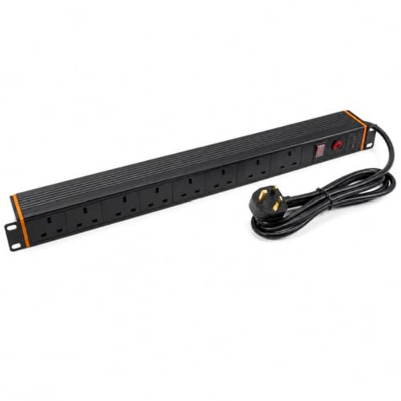 8-Way PDU 1U 19 Rackmount وحدة توزيع الطاقة المعدنية لمركز البيانات خادم شبكة خزانة المنزل مختبر مكتب المملكة المتحدة 13A نوع G BS1363 كابل أسود جاهز للزيادة 1.8 متر - Image 1