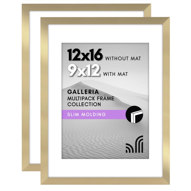 إطار صور أمريكان فلات 12x16 مع زجاج أكريليك مصقول مجموعة من 2 استخدم كإطار 9x12 مع مات أو عرض صورة 12x16 بدون مات مجموعة إطارات جاليريا لعرض الجدران باللون الذهبي