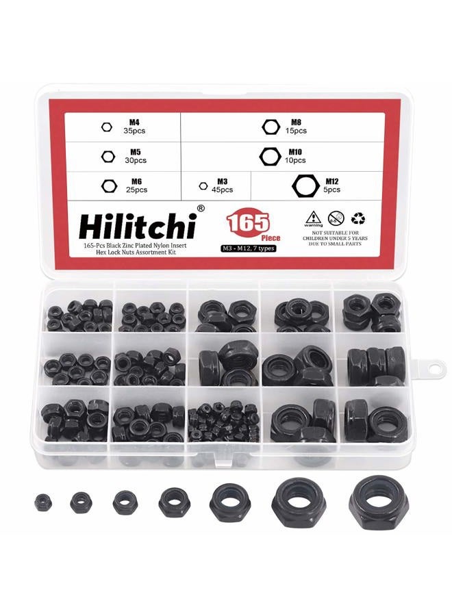 Hilitchi 165-Pcs Black Zinc Plated Nylon Insert Hex Lock Nuts Assortment Kit - Image 1