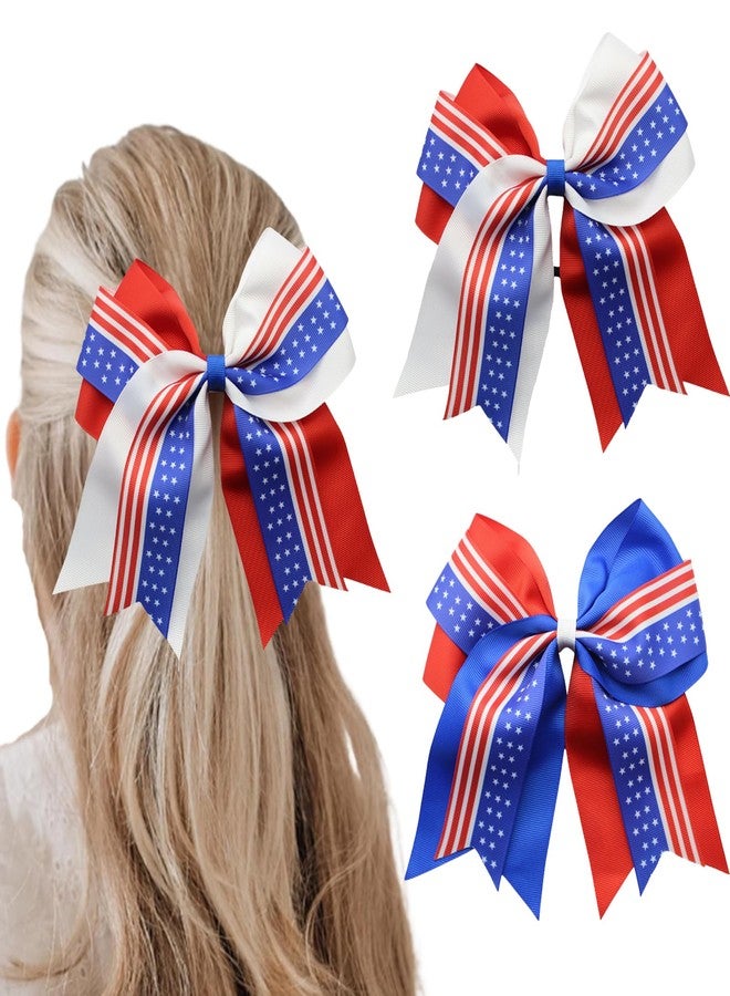 DIUEWOW 2 Pack Hair Ties, American Flag 8 Inch Hair Ties, Independence Day 4th of July Cheer Bows, Red White Blue Star Patriotic Memorial Day Ribbon Hair Bows for Women Girls - Image 1