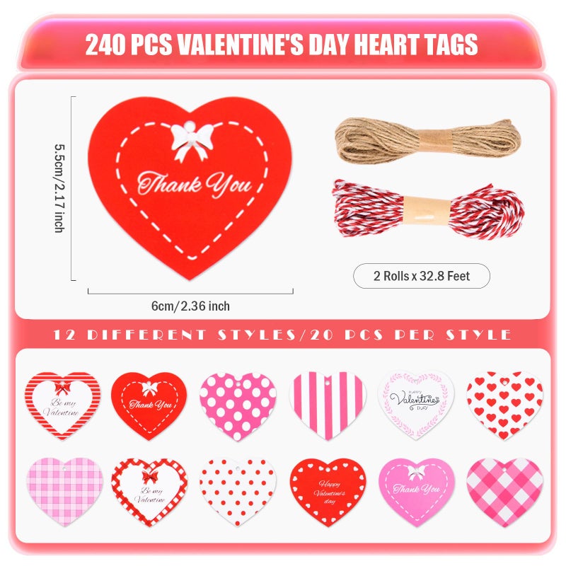 FOBSME 240 Pcs Heart Paper Gift Tags 2.36 Inch Valentine's Gift Tags Double Sided Printed Heart Hanging Tag with Twines for Valentine's Decorations, Gift Wrapping, Treat Bags, DIY Crafts(12 Styles) - Image 2